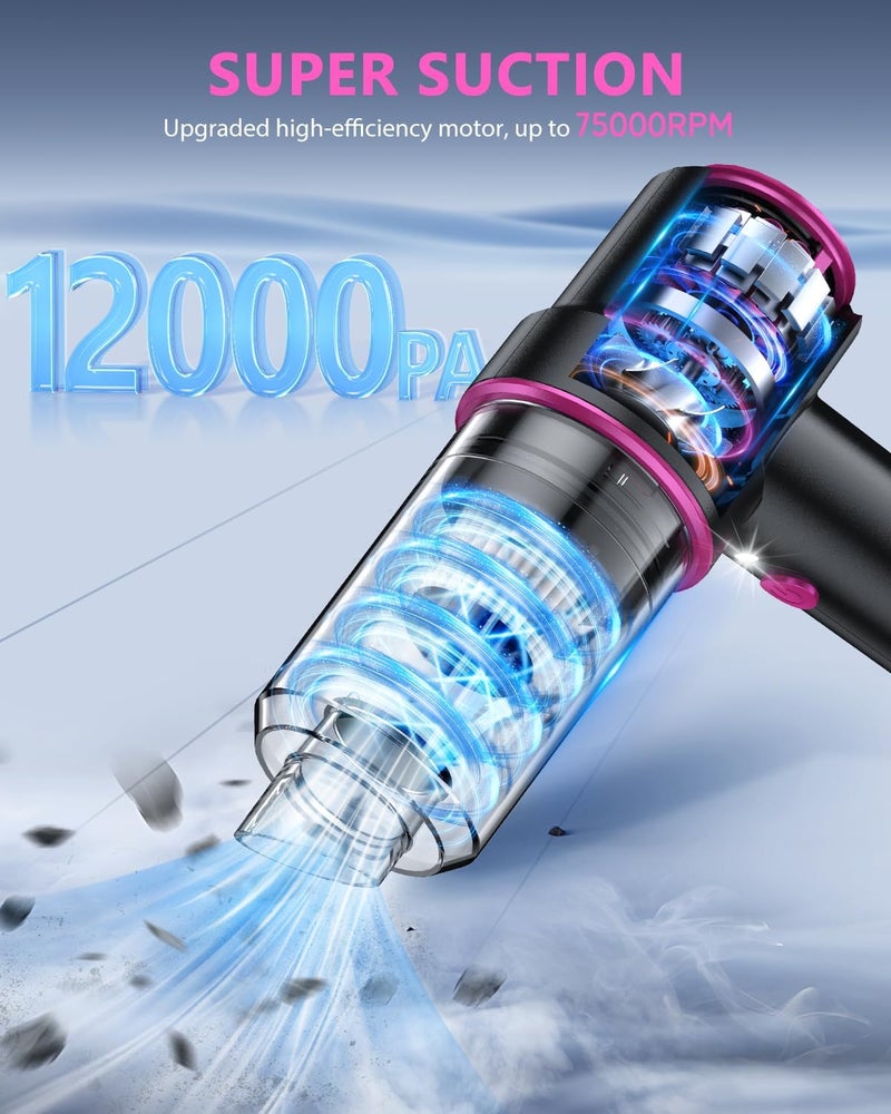 CODN Handheld Car Vacuum Portable Cordless 12000PA, 2 in 1 Handheld Vacuum Cleaner and Air Duster with Multi-Nozzles and LED Light, Mini Hand Held Vacuum Rechargeable for Home, Car, Office, Pet Hair - Image 2